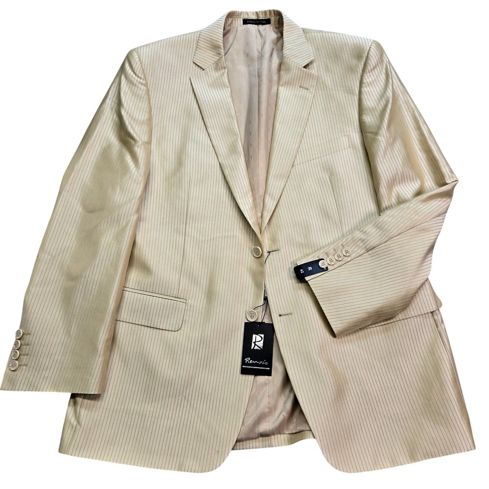 Renoir Suit Jacket Mens 42 Beige Striped Wool Single-Breasted Made In Italy